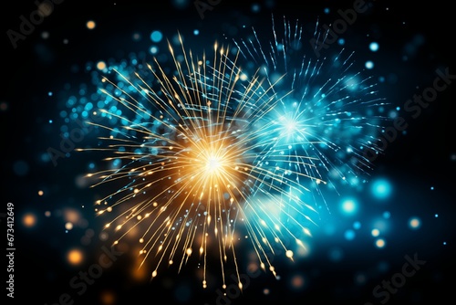 Abstract colored fireworks with free space for text. Festive background. New Year card.
