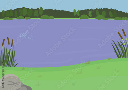 Summer landscape with a pond. Flat style. Vector illustration with natural background in cartoon style.