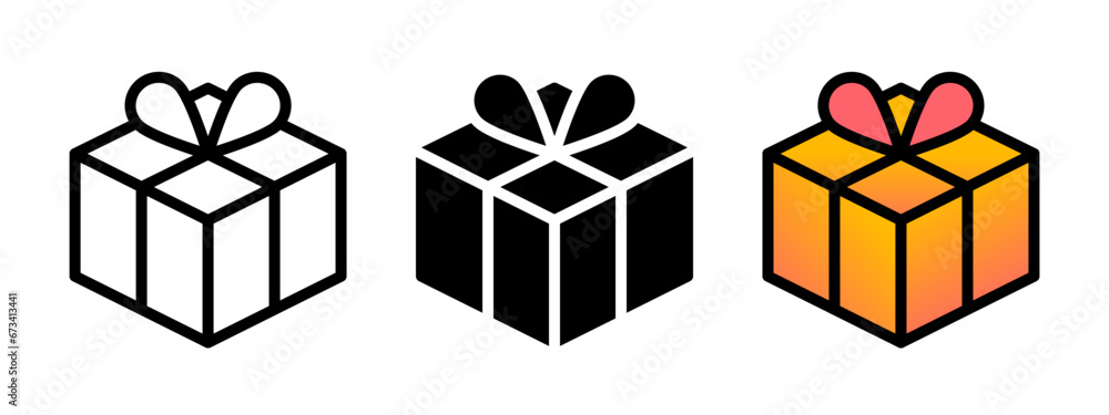 Set of present gift box trendy icons. Pixel perfect, linear, editable outline, flat solid, color gradient style. Celebration package signs. - obrazy, fototapety, plakaty 