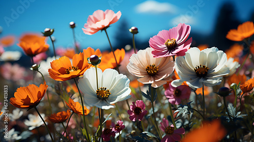 Colorful cosmos flowers blooming in the garden with blue sky background. © Vitalii