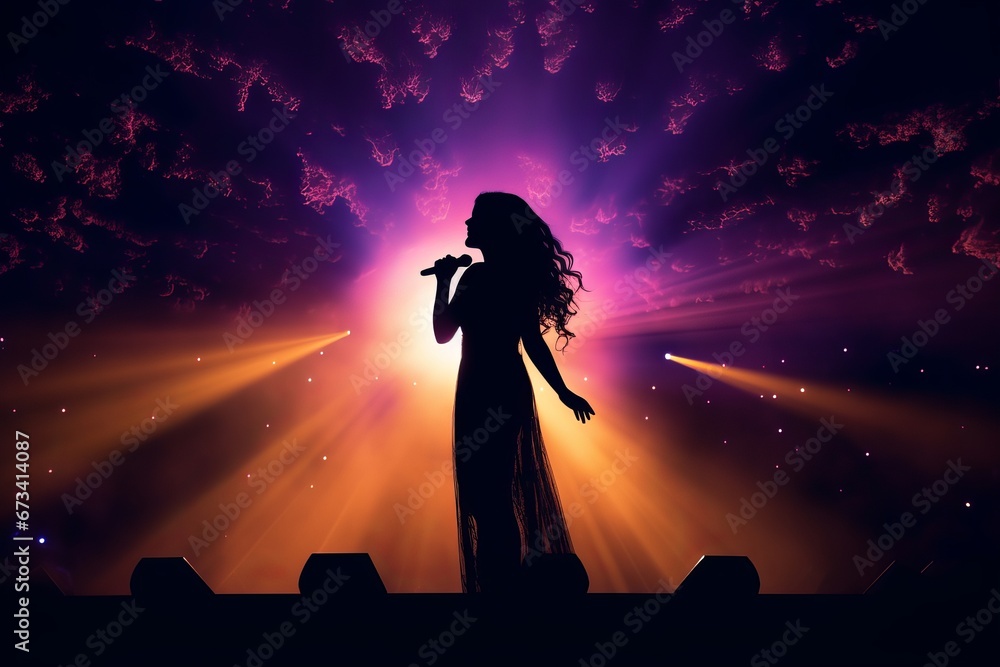 Beautiful female singer silhouette sings on stage in light show - obrazy, fototapety, plakaty 