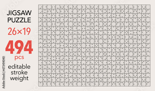 Empty jigsaw puzzle grid template, 26x19 shapes, 494 pieces. Separate matching irregularly elements. Flat vector illustration layout, every piece is a single shape.