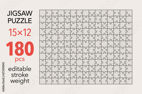Empty jigsaw puzzle grid template, 15x12 shapes, 180 pieces. Separate matching irregularly elements. Flat vector illustration layout, every piece is a single shape.