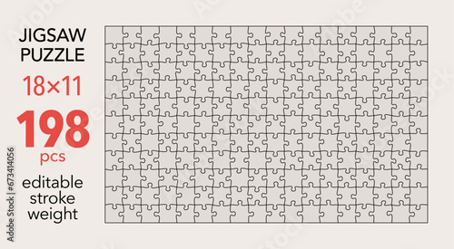 Empty jigsaw puzzle grid template, 18x11 shapes, 198 pieces. Separate matching irregularly elements. Flat vector illustration layout, every piece is a single shape.