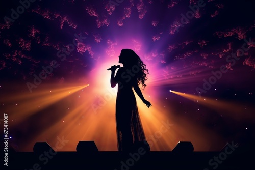 Beautiful female singer silhouette sings on stage in light show