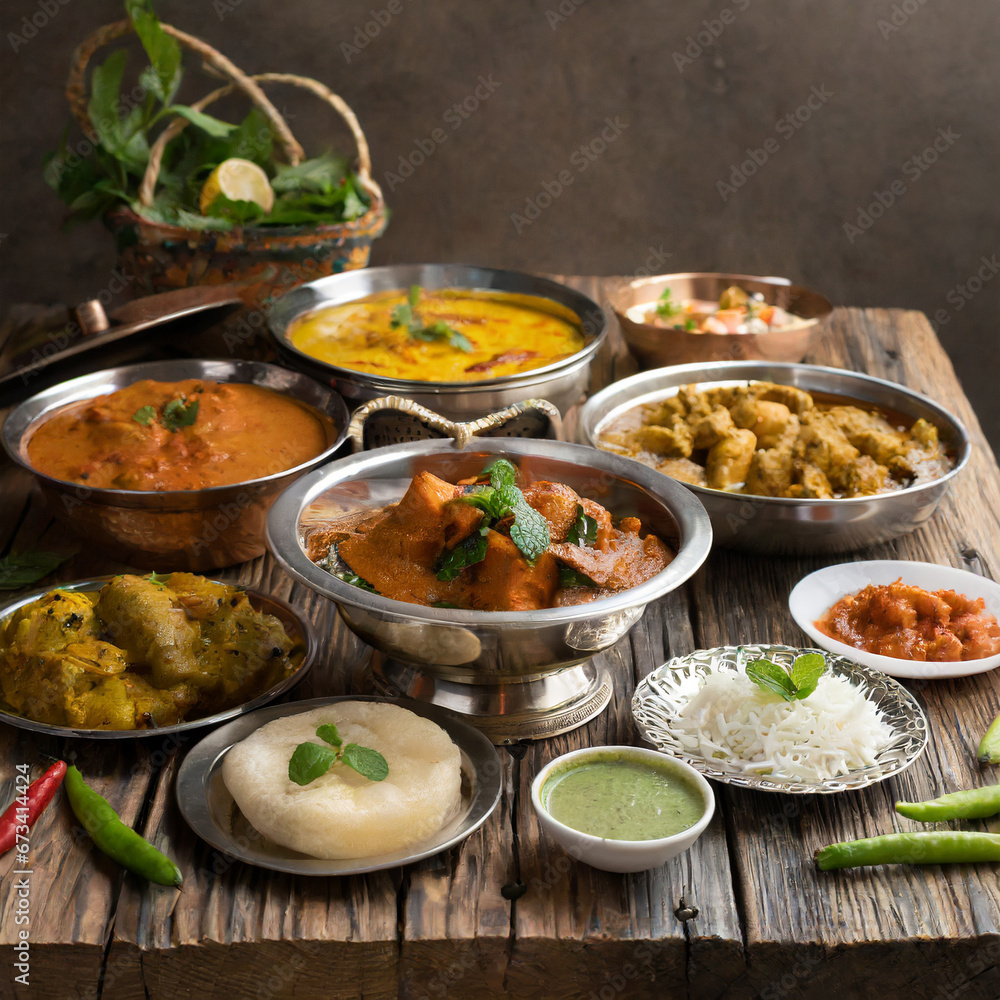 Traditional Indian dishes on the wooden table, selection of assorted spicy food Traditional Indian dishes on the wooden table, selection of assorted spicy food