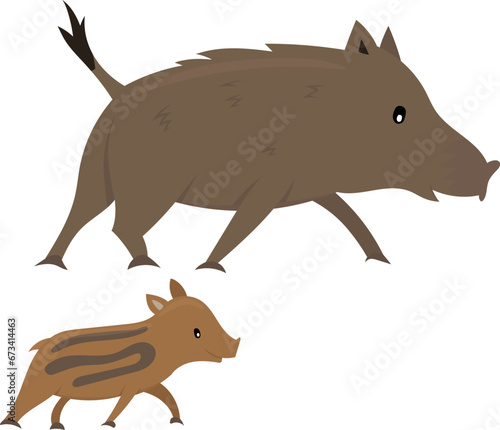 Cartoon baby and mother wild pig. Colorful vector illustration for children isolated on white background.
