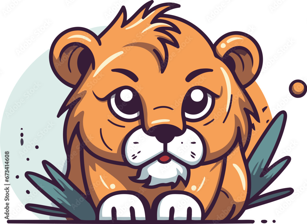 Fototapeta premium Cute cartoon lion cub with sad expression. Vector clip art.