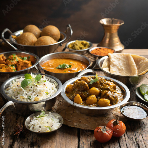 Traditional Indian dishes on the wooden table, selection of assorted spicy food
