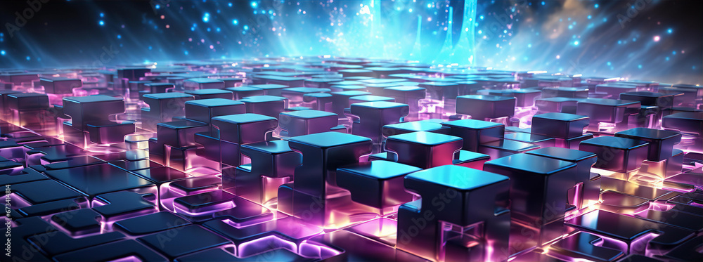 Abstract futuristic background with cubes and neon lights. Technology, big data, digital and  AI concept 