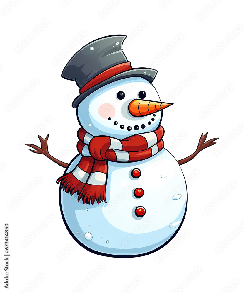 cute snowman cartoon wearing hat and scarf ai generated