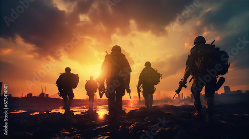 Heavy armed Soldiers getting on position. Group walking against of sunset. War concept 