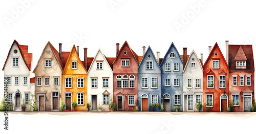 Very beautiful European street with historical buildings at white background 