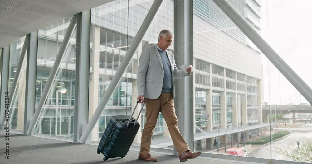 Senior man, walking and travel for work, airport and corporate conference with executive on business trip. Male CEO, check plane ticket and international flight, professional convention and luggage Senior man, walking and travel for work, airport and corporate conference with executive on business trip. Male CEO, check plane ticket and international flight, professional convention and luggage