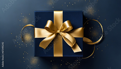 Dark blue gift box with gold satin ribbon