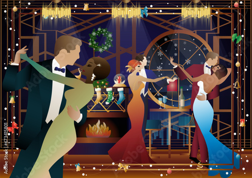 A loving couple in suits dances in front of a fireplace. New Year and Christmas decorations, gifts, atmosphere. Concept for holiday, winter holidays, New Year, Christmas