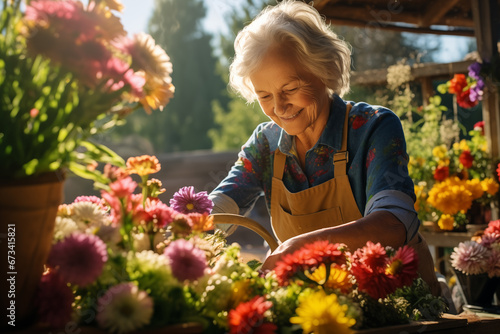 Portrait of senior woman gardening in her garden. Happy mature woman working with beautiful flowers in her garden at sunny day