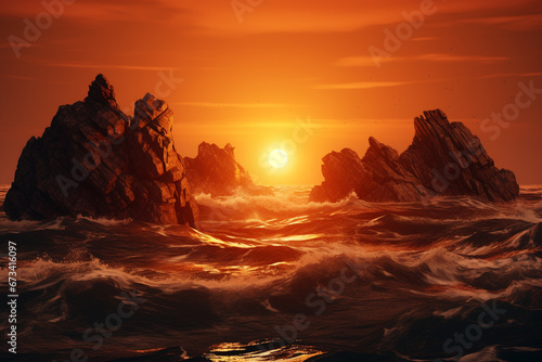 Dramatic Intense Ocean Wave Sunset, Sunset over the ocean