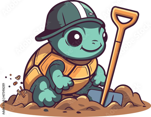 Turtle digging a hole in the ground. Cartoon vector illustration.