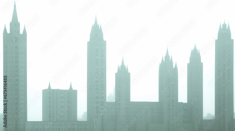 Naklejka premium Skyline of a modern city with tall towers on a foggy day. Tall buildings lost in the mist on cloudy sky background.