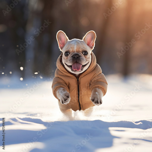 Small French bulldog in winter clothes runs through the snow.