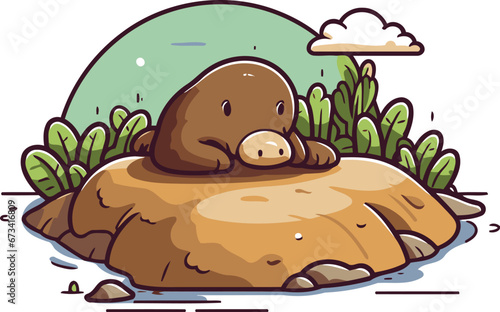 Cute cartoon hippopotamus sitting on a rock. Vector illustration.