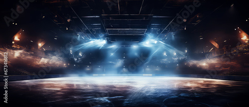 Sci-fi futuristic background with neon spotlights, smoke.Ice Rink.Professional Arena, Scene. Winter poster for hockey competitions. Ice skating. Stadium. Generative ai