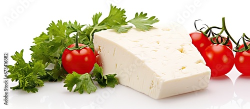 On a reflective white surface there are cherry tomatoes parsley leaves and a type of cheese that is fresh and white
