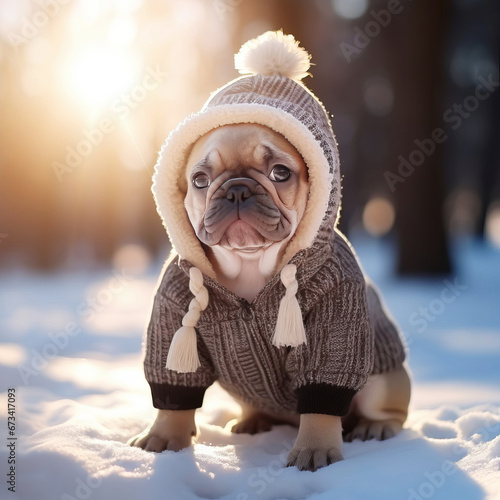 Small French bulldog in winter clothes runs through the snow.