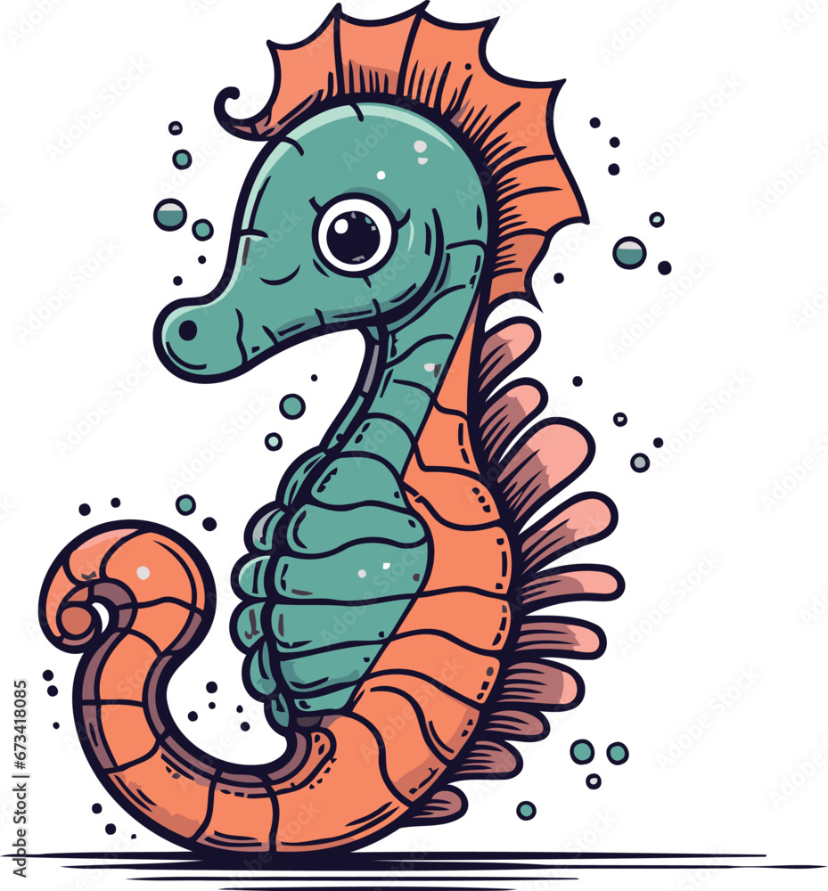 Fototapeta premium Seahorse. Cute cartoon character. Hand drawn vector illustration.