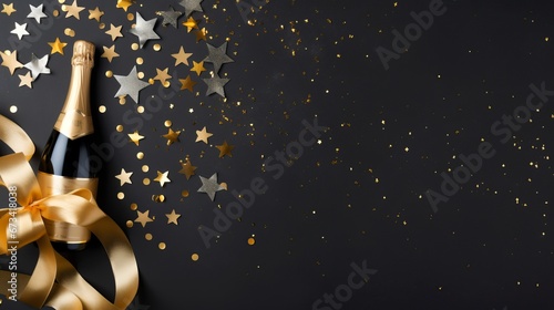 Celebration background with golden champagne bottle, confetti stars