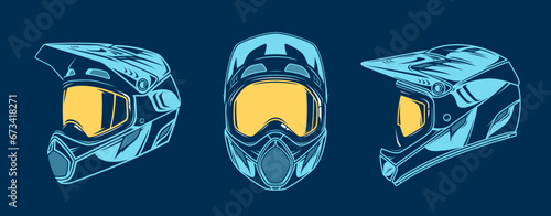 Vector colorful mountain biking full face helmets with goggles
