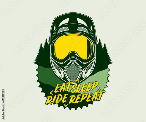 Vector mountain biking badge with full face helmet, goggles and pine trees
