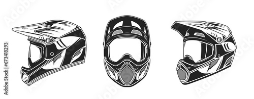 Vector black and white mountain biking full face helmets with goggles