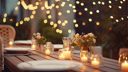 Elegant Wedding Table Setting with String Lights and Candles - Festive Terrace Decor
