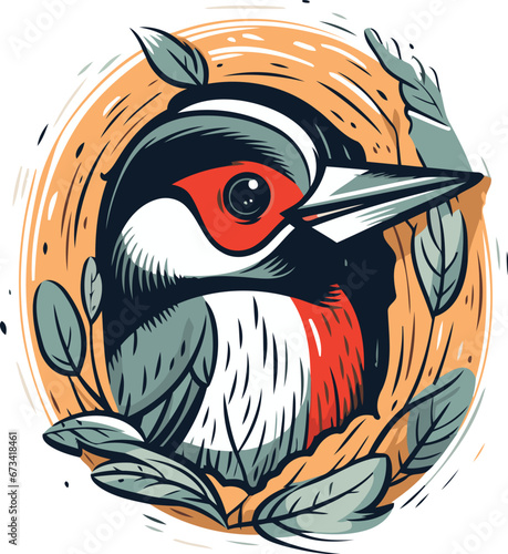 Hand drawn vector illustration of a woodpecker. great spotted woodpecker. photo