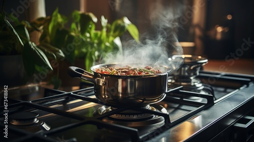 cooking on a gas stove, steaming pot in the kitchen