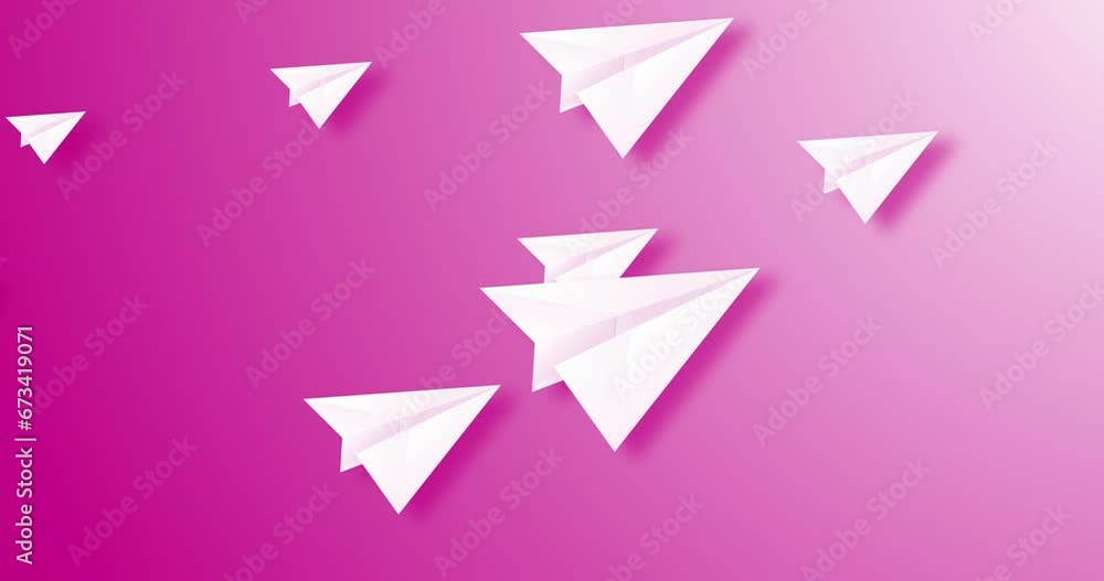 paper planes flying from left to right different size and different distance over a pink color gradient background. Abstract flat animated motion graphics background for presentation and website.. paper planes flying from left to right different size and different distance over a pink color gradient background. Abstract flat animated motion graphics background for presentation and website..