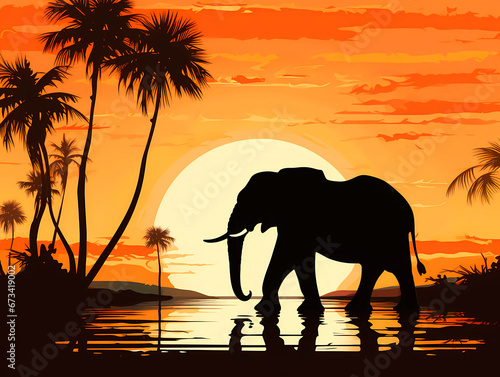Elephant on the beach at sunset. 