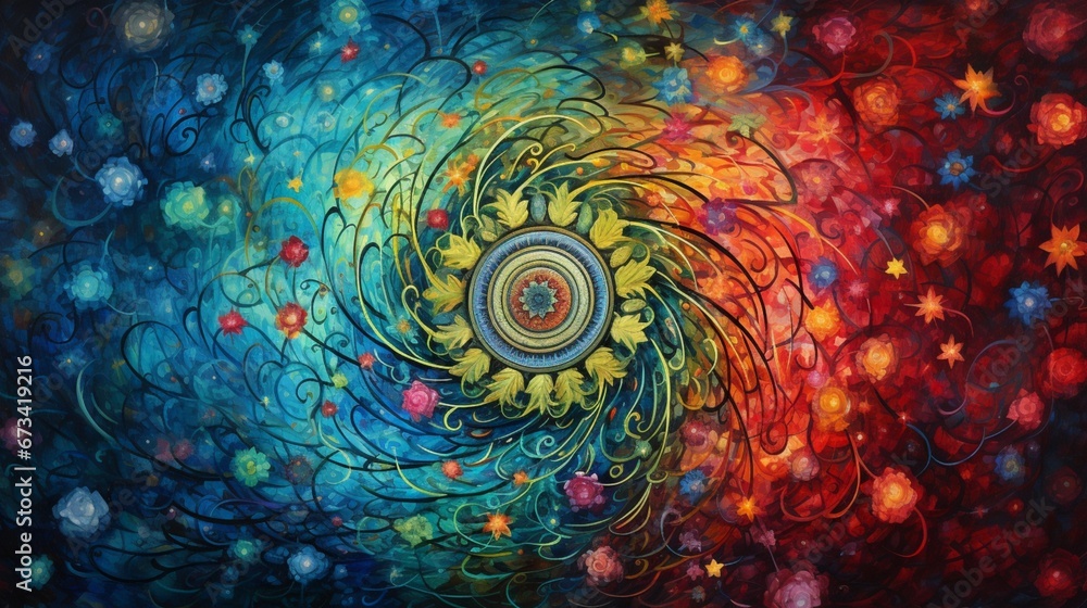 Obraz premium A mesmerizing whirlpool of colors and patterns, forming an intricate and captivating mandala, an endless journey.
