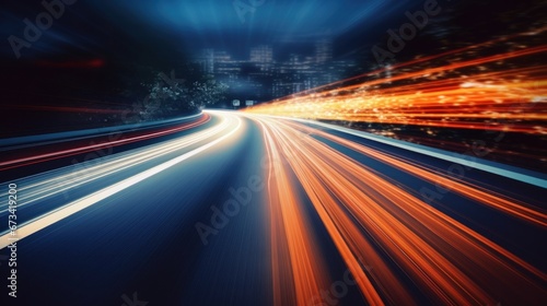High speed car light trails on the road at night, AI