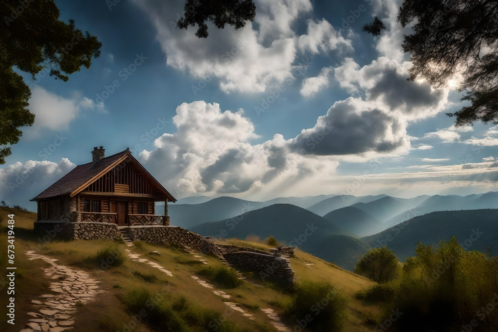 house in the mountains with beautiful clouds in the sky