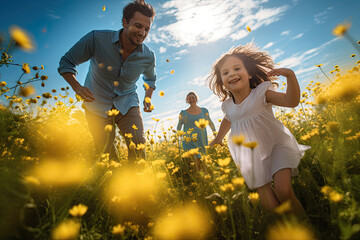 In a summer park, a beautiful family of four enjoys the sunset, creating moments of love and joy.