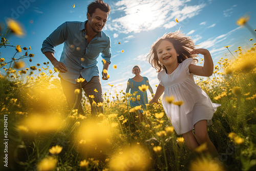 Fototapeta Naklejka Na Ścianę i Meble -  In a summer park, a beautiful family of four enjoys the sunset, creating moments of love and joy.