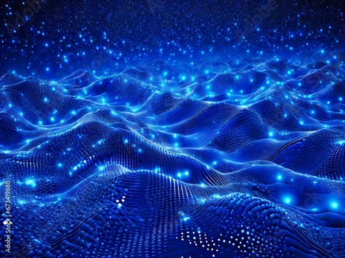 Abstract dark blue digital background with glittering particles, particle congregation: lines, surfaces, and grids in depth, glittering blue light particles in deep digital space, depth waves pattern