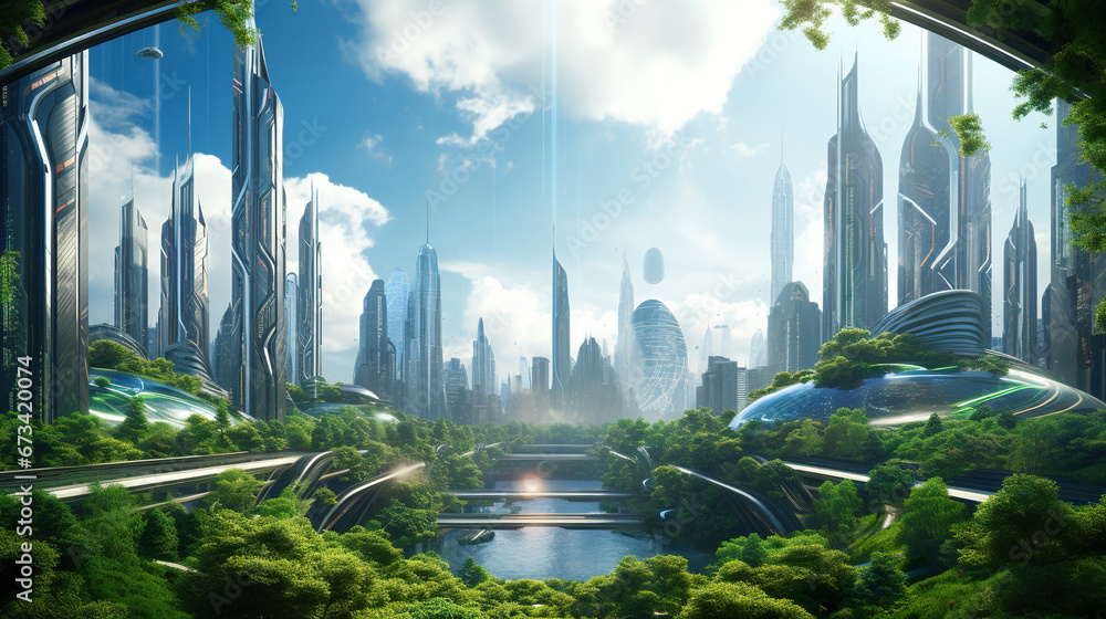 futuristic eco green city skyline with skyscrapers and gardens, future architecture - obrazy, fototapety, plakaty 