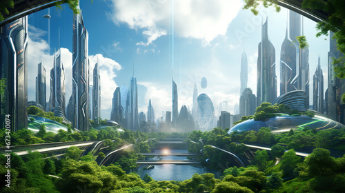 futuristic eco green city skyline with skyscrapers and gardens, future architecture