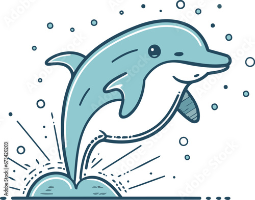 Dolphin jumping out of water. Vector illustration in line style.