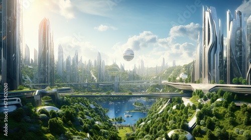Fototapeta Naklejka Na Ścianę i Meble -  futuristic eco green city skyline with skyscrapers and gardens, future architecture