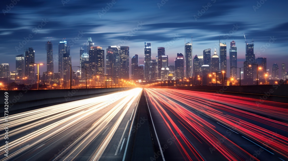 Fototapeta premium big city skyline and traffic lights blurred motion, skyscrapers and highway light trails at rush hour